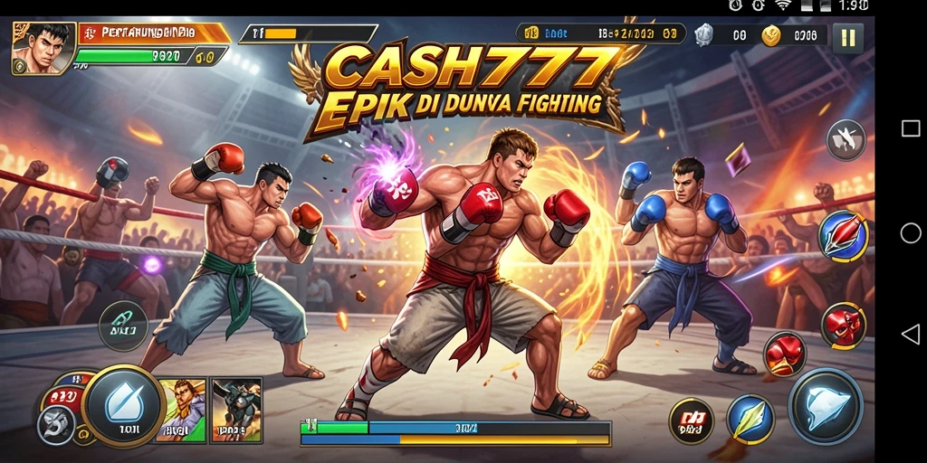 Screenshot utama CASH777 menampilkan aksi pertarungan yang mendebarkan dan karakter-karakter unik.