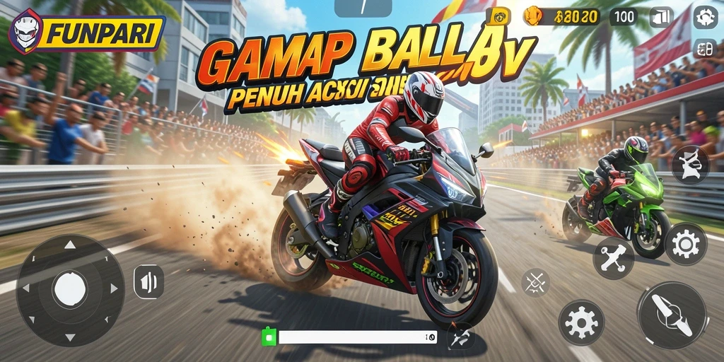 Screenshot dari gameplay <strong>FUNPARI</strong> menampilkan aksi balapan motor yang seru dan mendebarkan.