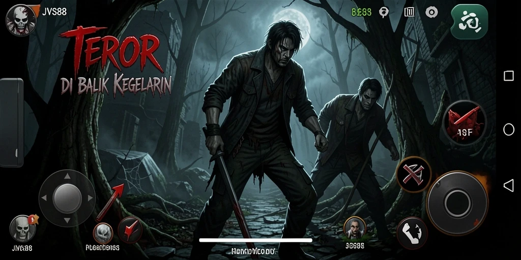 Tangkapan layar gameplay <strong>JVS88</strong> menampilkan suasana mencekam dan kegelapan yang mendalam.