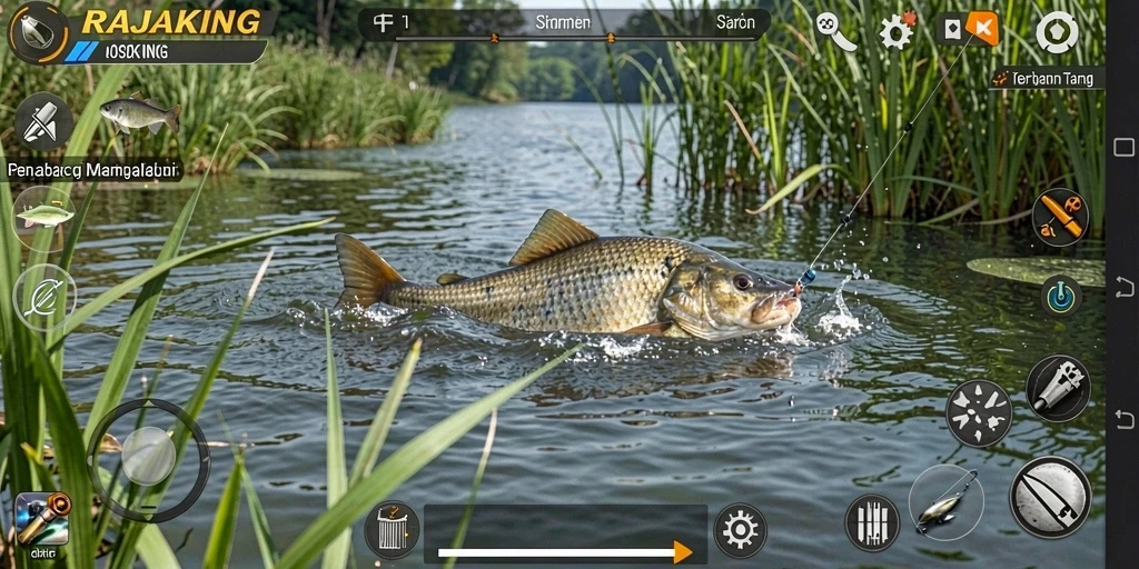 Screenshot gameplay RAJAKING menampilkan aksi memancing di lokasi indah.