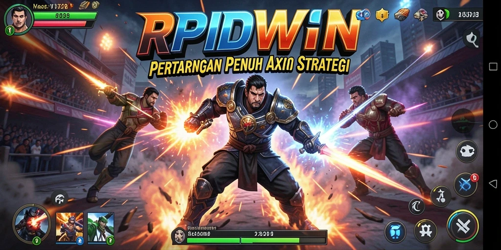 Tangkapan layar utama RPIDWIN menampilkan pertarungan aksi nyata antar karakter.