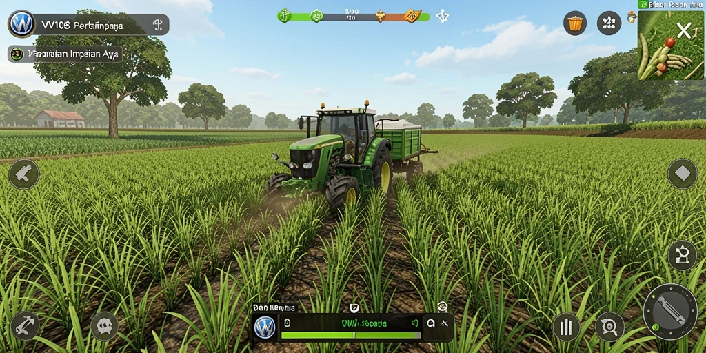 Screenshot VW108 menunjukkan aktivitas pertanian yang menarik dan penuh warna.